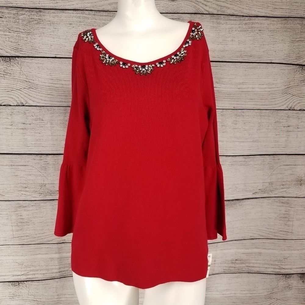 NEW Charter Club PL Petite Sweater Pullover 3/4 Bell sleeves Embellished neck